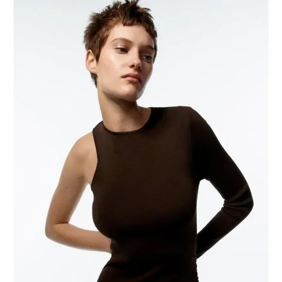Zara assymetric sleeve brown knit dress - Picture 1 of 5